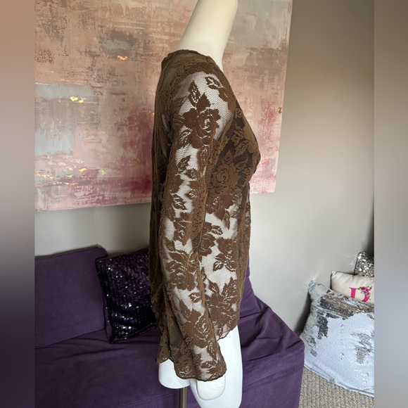 Y2K Costa Blanca‎ Brown Lace V-Neck Top with Long Sleeves and Flair Bottom Sm - Picture 4 of 9